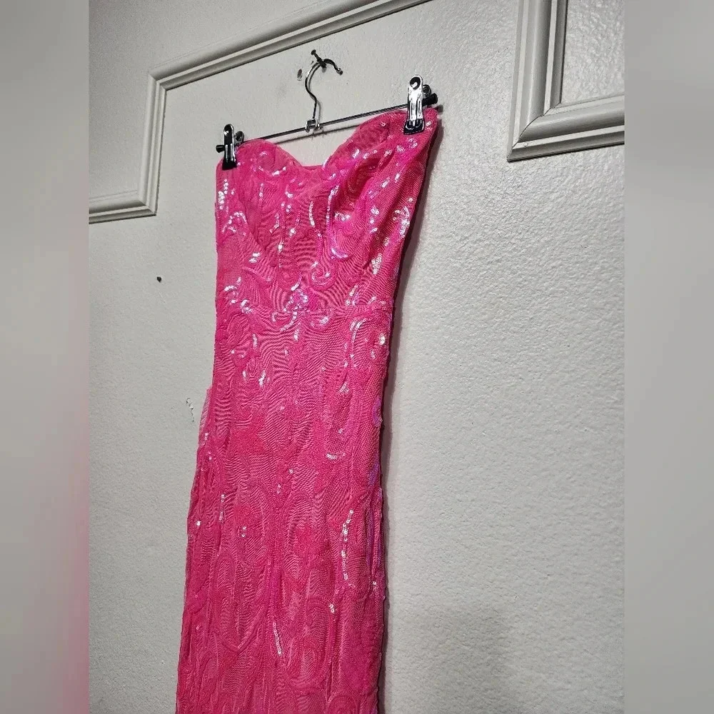 Lulus Glam Aura Hot Pink Iridescent Sequin Strapless Maxi Dress Prom Party - Picture 7 of 11